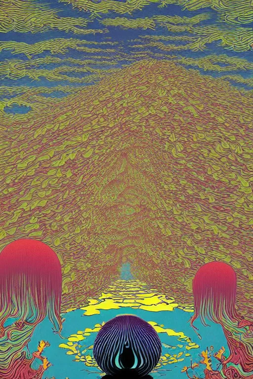 Prompt: a tab of LSD acid melting into a surreal psychedelic hallucination, screenprint by kawase hasui, moebius and dan hillier, colorful flat surreal design, hd, 8k, artstation