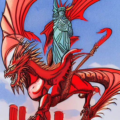 Prompt: Lady Liberty riding the red dragon of 龙, illustration, concept art, in the style of Arthur Adams