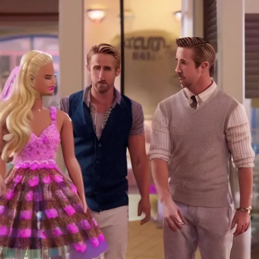 Prompt: still of ryan gosling and margot robbie, in barbie movie