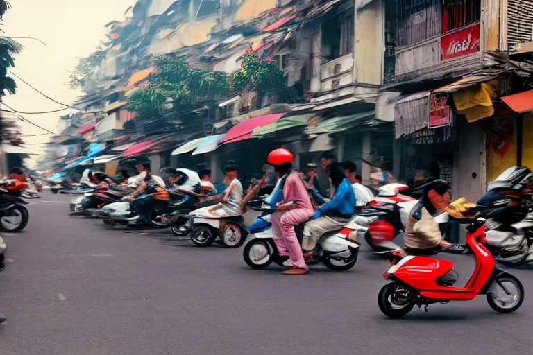 Prompt: moped scooter racing on the street of hanoi, by etienne dinet, artstation cgsociety