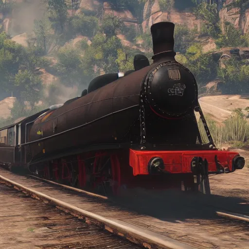 Image similar to futuristic sleek steam locomotive in red dead redemption 2