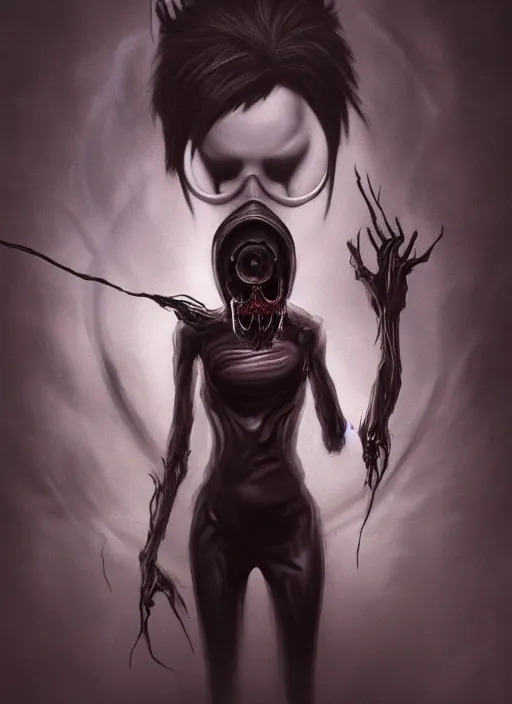 Image similar to dark portrait painting of tracer from overwatch, in style of zdzisław beksinski, scary, horror, 4 k, feminine facial features, overwatch tracer character, horror, body horror, disturbing, detailed face, dressed in dark garment, black tendrils, tall,