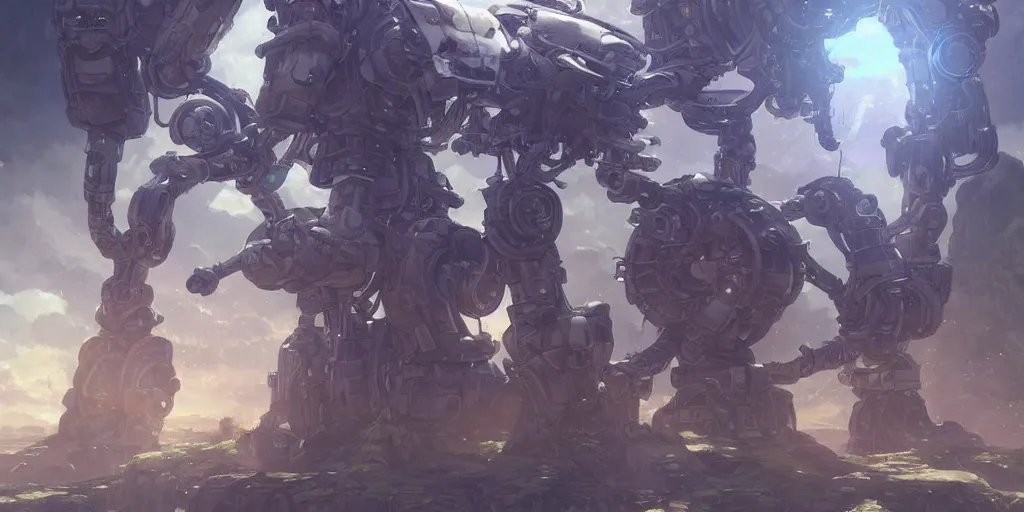 Image similar to humanoid robot mech from made in abyss by akihito tsukushi, backlight, centered rim lighting, deep focus, d & d, fantasy, intricate, elegant, highly detailed, digital painting, artstation, concept art, matte, sharp focus, illustration, hearthstone, art by artgerm and greg rutkowski and alphonse mucha