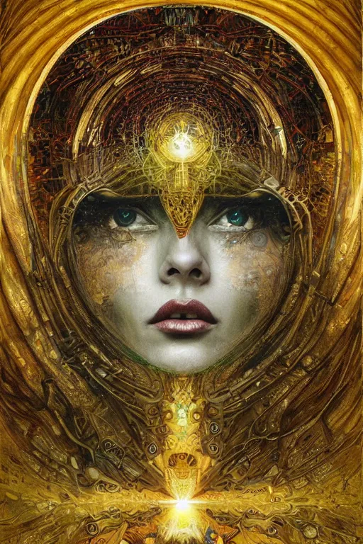 Image similar to Intermittent Chance of Chaos Muse by Karol Bak, Jean Deville, Gustav Klimt, and Vincent Van Gogh, enigma, destiny, fate, unearthly gears, otherworldly, fractal structures, prophecy, ornate gilded medieval icon, third eye, spirals