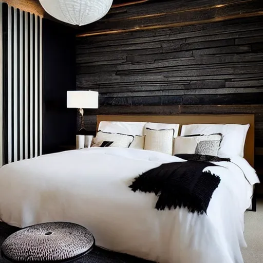 Image similar to bedroom, stone, interior design, stylish luxury hotel bedroom design, yakisugi, black vertical slatted timber, textures, feminine, black walls, art, vase with flowers, Japanese influences