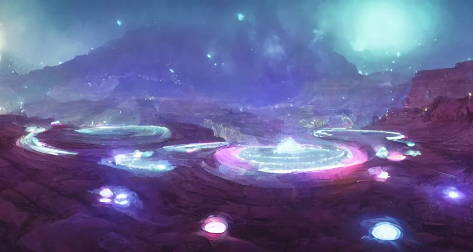 Image similar to night, a lot of people and a spiral - shaped white luminous attractor is floating in grand canyon, concept art, art for the game, professional lighting, art