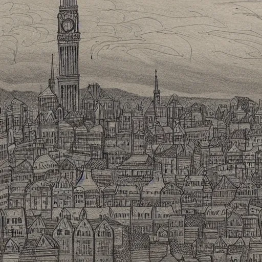 Image similar to a beautiful detailed inked drawing of a Victorian cityscape by Wed Anderson, muted colors