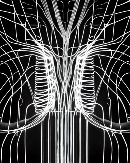 Image similar to black and white connected cyborg - plant goddess high quality photo, microchip, artificial intelligence, bio - mechanical bio - luminescence, black wired cables, neurons, nerve cells, cinematic, rim light, photo - realistic, elegant, high detail, 8 k, masterpiece, high fashion, in the style of man ray