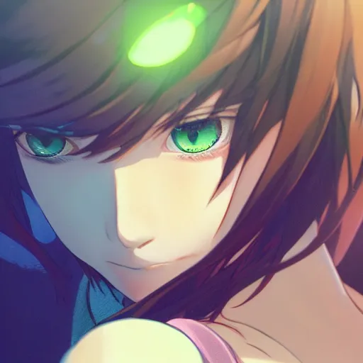 Image similar to insanely detailed. by wlop, ilya kuvshinov, krenz cushart, greg rutkowski, pixiv. zbrush sculpt, octane, maya, houdini, vfx. close - up gorgeous attractive cg anime male character with long hair, parted in the middle, with brilliant green glowing eyes. cinematic dramatic atmosphere, sharp focus, volumetric lighting.