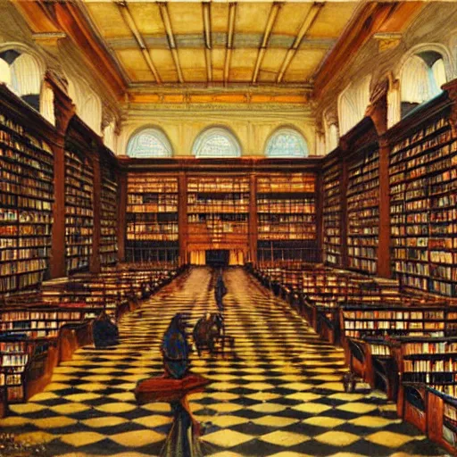 Prompt: the grand hall of the sacred library, oil painting by James Gurney, 1995