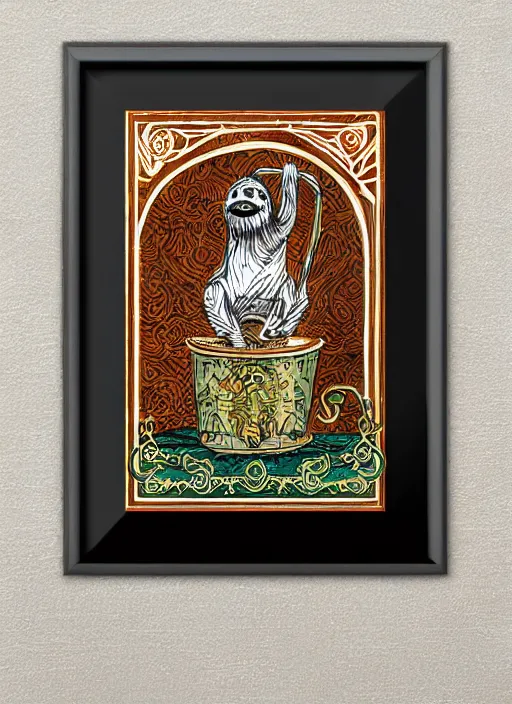 Image similar to sloth as the king of cups, copper cup, coper crown, poster framed, intricate details, medieval art style, high contrast, posterized