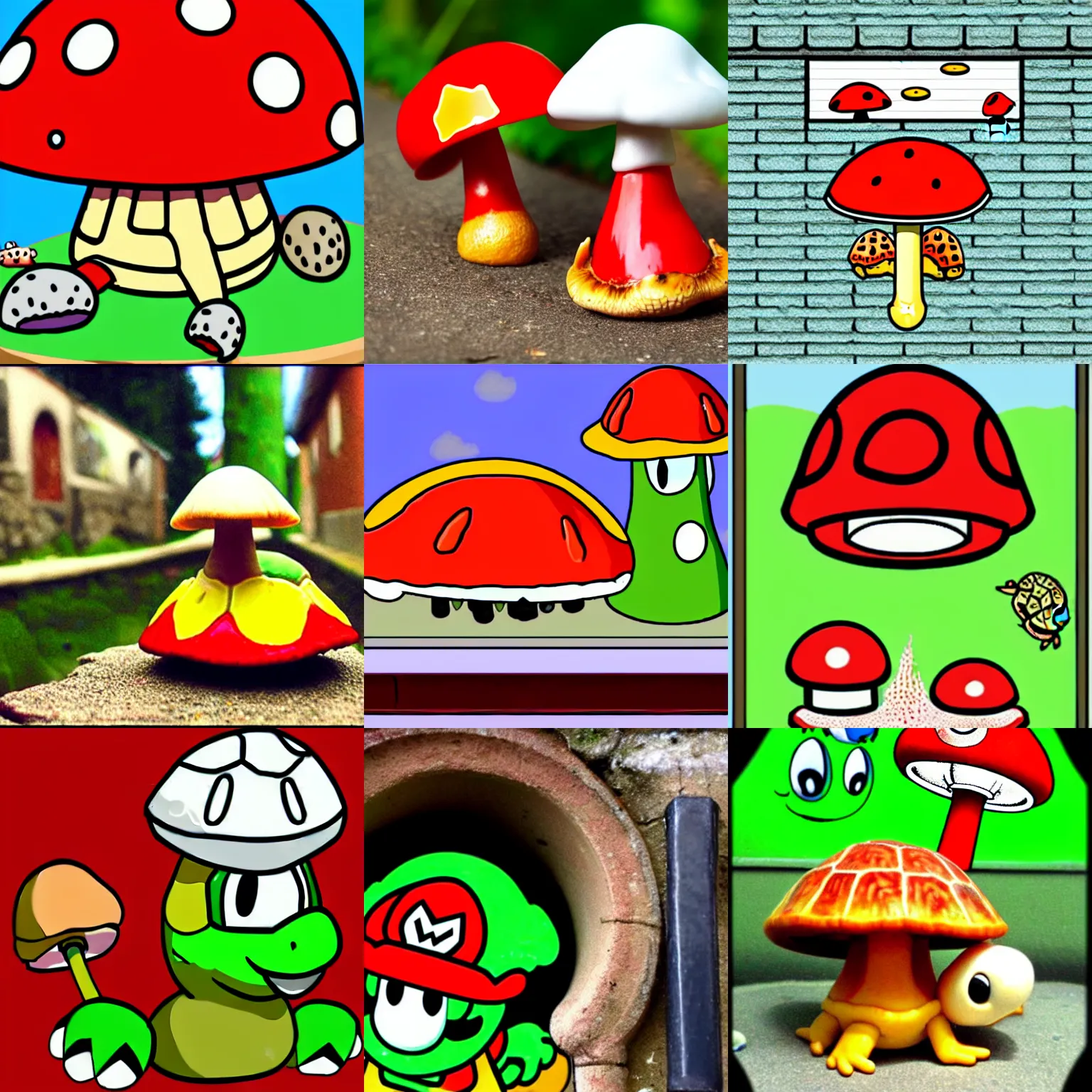 Prompt: drunk mario eat big pcychodelic mushroom and fly agaric, cartoon turtles, cartoon, drainpipes