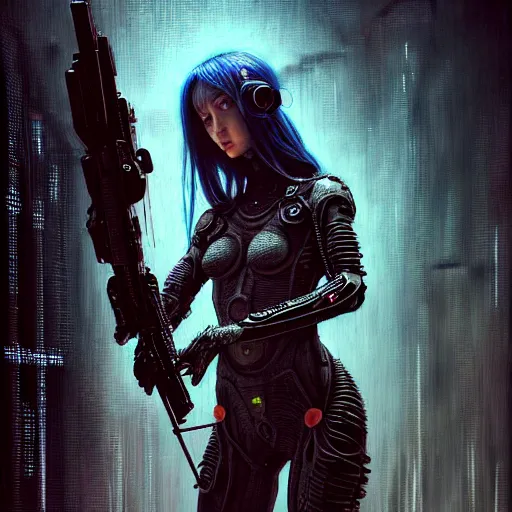 Prompt: a highly detailed long shot photo of cyberpunk female character by ayami kojima, elf, beksinski, giger, elf, wielding rifle, intricate, digital painting, artstation, concept art, smooth, sharp focus