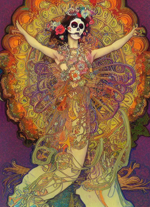 Image similar to realistic detailed psychedelic poster art of a cute fractal Día de los Muertos girl dancing by Victor Moscoso Rick Griffin Alphonse Mucha Ayami Kojima Amano Charlie Bowater, masterpiece