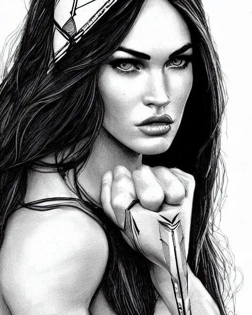 Image similar to portrait of beautiful megan fox as greek goddess aphrodite, archer, arrow on the head, beautiful piercing eyes, flowing blonde hair, realistic face, black and white drawing, in the style of greg rutkowski, fantasy, amazing detail, epic, intricate, elegant, smooth, sharp focus