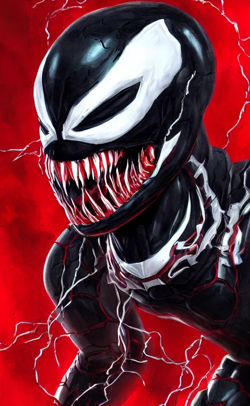 Image similar to venom in a venom inspired ironman suit, black and red, dynamic lighting, photorealistic fantasy concept art, trending on art station, stunning visuals, terrifying, creative, cinematic