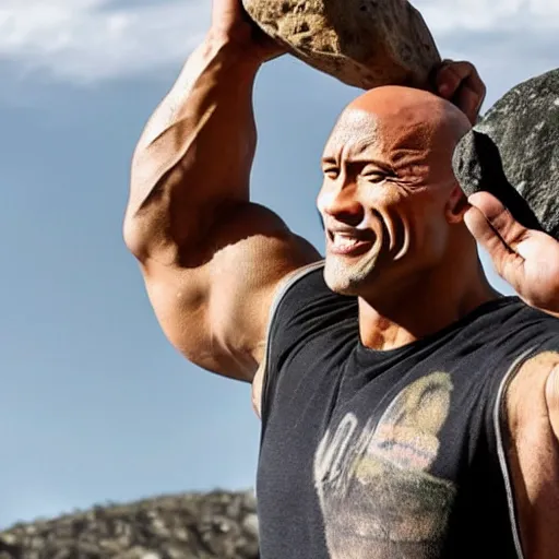 Prompt: dwayne johnson holding a giant rock above his head