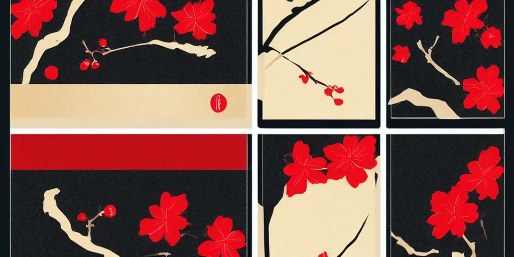 Image similar to hanafuda, set of 4 cards for january, trending on behance, concept art, stunning, matte