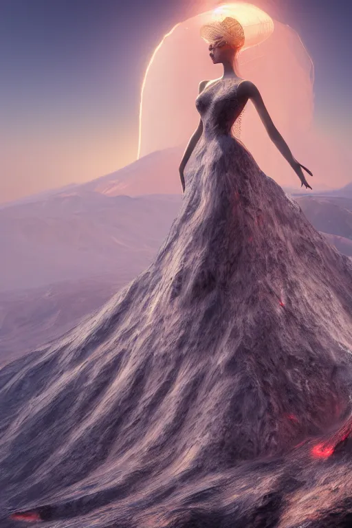 Prompt: a beautiful hyperrealistic ultradetailed 3D, one girl in a magnificent dress stands near a volcano, voge photo, fashion style, fullbody, in full growth, photorealistic, high resolution, trending on artstation, highly detailed, volumetric lighting,artstation, concept art, master illustration, elegant, details, good clear quality, volumetric lighting,