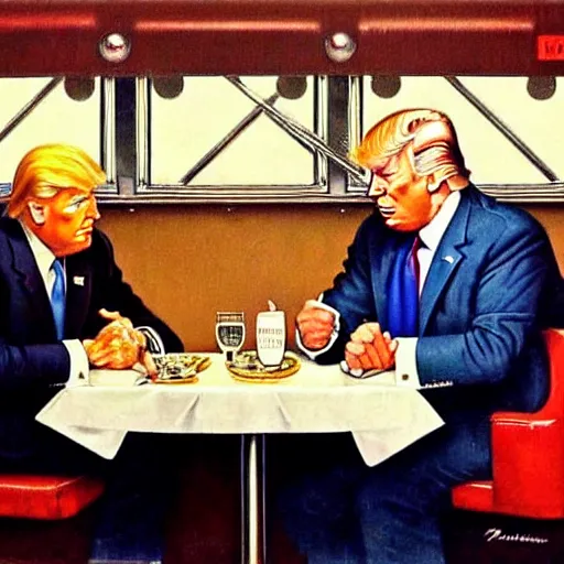 Prompt: joe biden and donald trump having dinner in a 1 9 5 0 s diner. highly detailed painting by norman rockwell 8 k