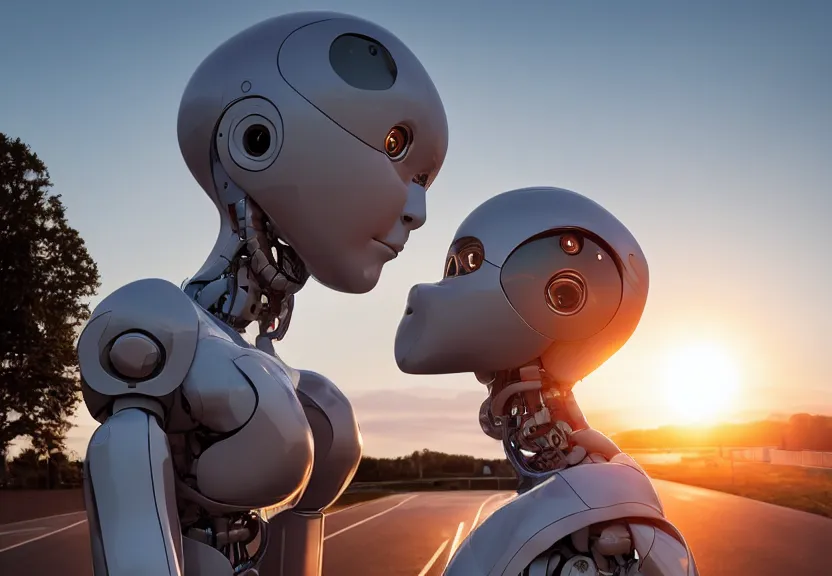 Image similar to a calming photograph of a slender, humanoid robot caresses a beautiful human woman in the face, large shot, wide shot, in a street, sunset photo