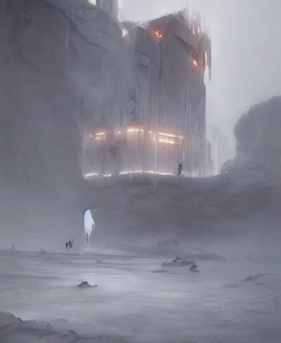 Image similar to surreal romantic prometheus horizontal white exploration base, ochre ancient palette, building architecture by ruan jia, futuristic, blame, white architecture in the beach in iceland, foggy, highly detailed, digital painting, arstation, concept art, hyperealistic octane render, unreal engine