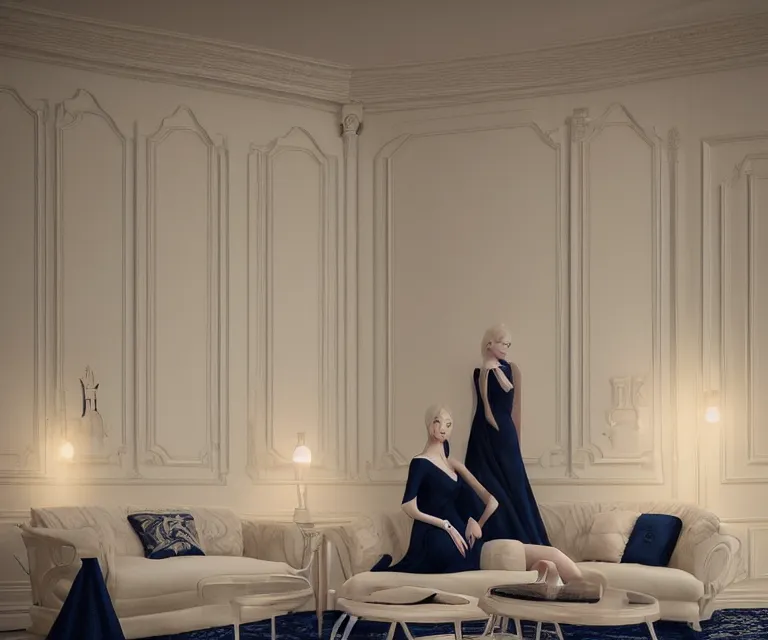 Image similar to 2 0 2 0 s living room by charlie bowater and anna dittmann and artgerm and clemens ascher, intricate, elegant, beige and white and navy blue, highly detailed, dramatic lighting, sharp focus, octane render, trending on artstation, artstationhd, artstationhq, unreal engine, 4 k, 8 k