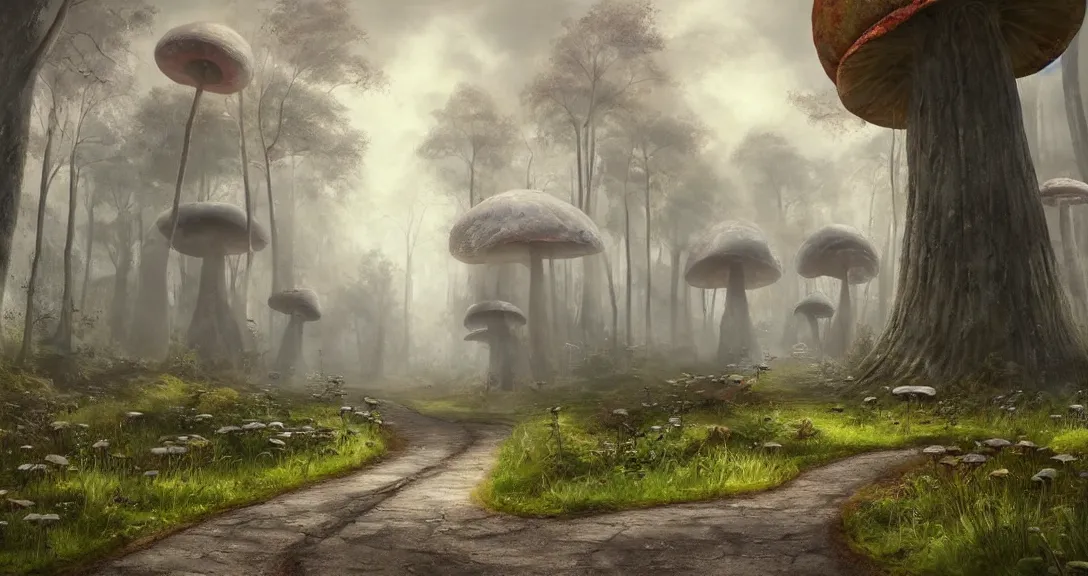 Prompt: road in a forest road, victorian buildings, giant mushrooms, weird machinery, highly detailed, fantasy art, myst engine