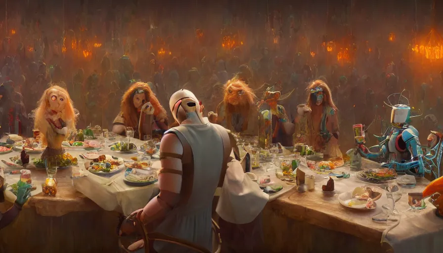 Image similar to a table dinner of humanoid robots where robots are dressed like the characters from the midsommar movie, realistic detailed digital art by maxwell boas jessica rossier christian dimitrov anton fadeev trending on artstation cgsociety rendered in unreal engine 4 k hq