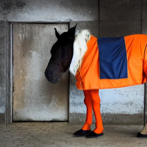 Image similar to horse with orange inmate clothes, in a jail