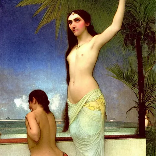 Image similar to Girl throwing gand signs at the palace, thunderstorm, pool, beach and palm trees on the background major arcana sky, by paul delaroche, alphonse mucha and arnold böcklin arnold böcklin hyperrealistic 8k, very detailed