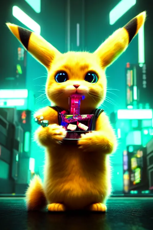 Image similar to high quality 3 d render very cute cyborg cat eating candy, cyberpunk highly detailed, unreal engine cinematic smooth, in the style of blade runner & detective pikachu, hannah yata charlie immer, moody light, low angle, uhd 8 k, sharp focus