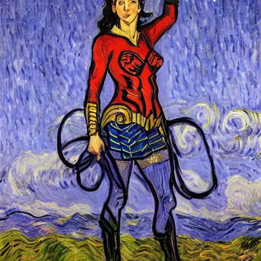 Prompt: Portrait painting of modern Vincent Van Gogh but in a Wonder Woman costume cosplaying as Gal Godot Wonder Woman Superhero by Claude Monet, original Post Impressionist art