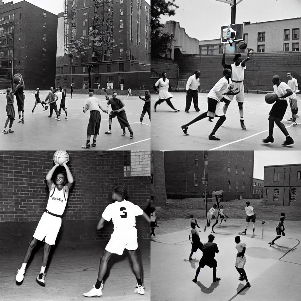 Prompt: people playing basketball in 1 9 5 0, harlem