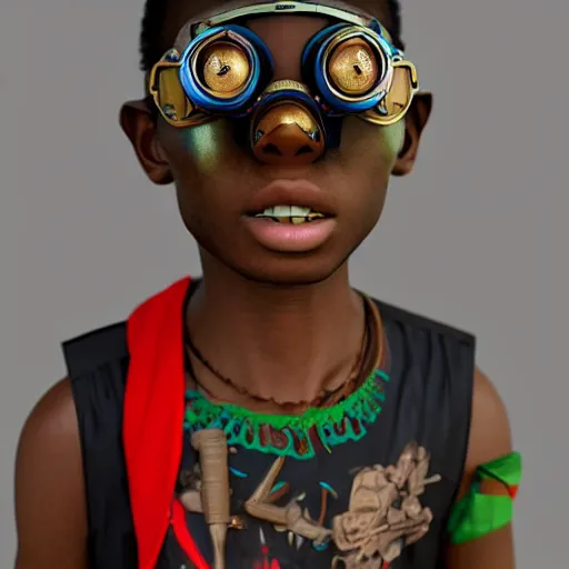 Prompt: vfx portrait - art of a nigerian boy wearing colourful steam punk goggles, art by utagawa kunisada & james jean, volumetric light, symmetrical, ray tracing, unreal engine, octane 3 d render, sharp, detailed, digital render, illustration, highly detailed, intricate detail, pinterest, behance, art station,