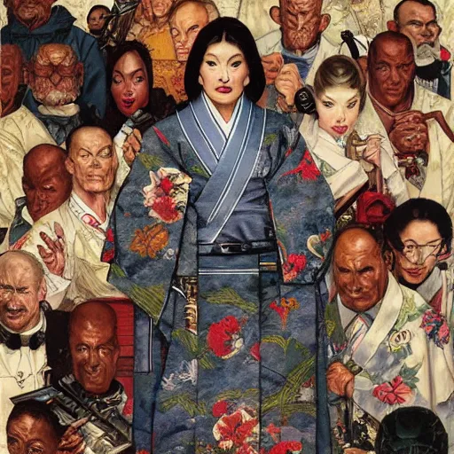 Image similar to the doomslayer wearing a kimono!!, portrait art by norman rockwell and donato giancola and greg rutkowski,