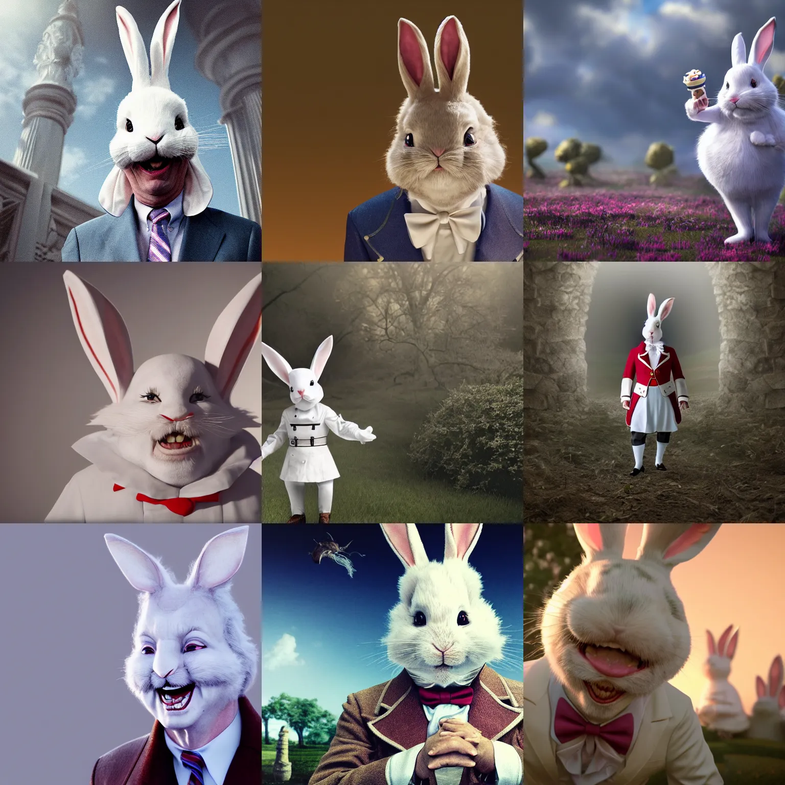 Prompt: a wide angle shot of John Bolton, U.S. National Security Advisor, dressed like the white rabbit from 'Alice in Wonderland' and wearing rabbit ears, escaping from a hunter , hyper-realistic, sharp focus, highly detailed, depth of field, High definition, 8k, octane render, artstation