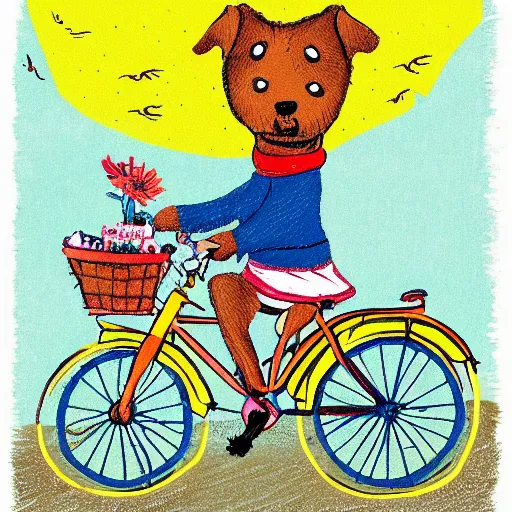 Prompt: illustration of a dog riding a bike in paris in the style of children's book