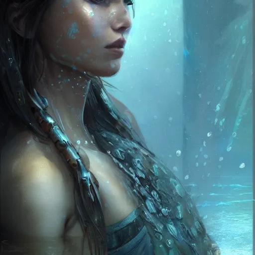 Image similar to a beautiful portrait of a water goddess with transparent skin by Greg Rutkowski and Raymond Swanland, Trending on Artstation, marine background, ultra realistic digital art