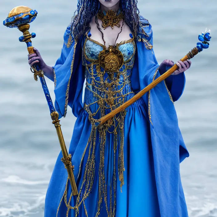 Image similar to photograph of a real-life beautiful elemental water witch with ornate blue robes and staff. Extremely detailed. 8k