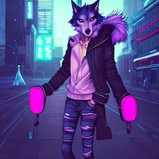 Image similar to beautiful furry art portrait commission of a androgynous furry anthro wolf fursona both wearing punk clothes in the streets of a cyberpunk city. neon signs. character design by charlie bowater, ross tran, artgerm, and makoto shinkai, detailed, inked, western comic book art