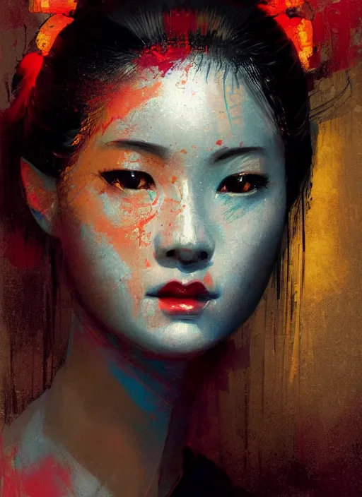 Image similar to female geisha girl, beautiful face, neon, rule of thirds, intricate outfit, spotlight, by greg rutkowski, by jeremy mann, digital painting