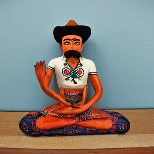 Prompt: mustachioed mexican vaquero sitting lotus position, mexican folk art