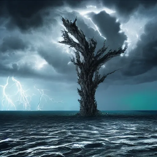 Image similar to nightmare monster emerging from sea surface, but monster is dendritic, thunderstorm in background, ultra realistic, raytracing, color