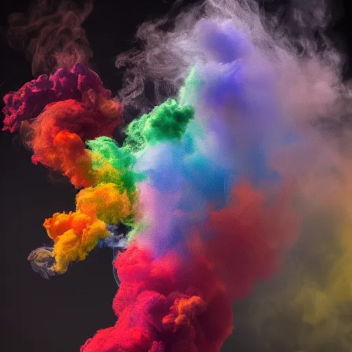 Image similar to multi color smoke, smoke has a small ( outstretched ribbed wings and head of an ancient dragon ), billowy, hdr, 8 k, 4 k