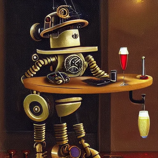 Prompt: a steampunk robot is at the sports bar and orders a drink from a cyber punk (TY beanie baby puppy), cgsociety, old master.