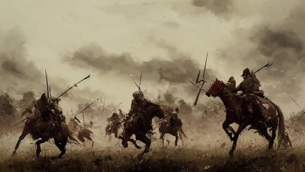 Image similar to magnificent painting of grunwald battle, watercolor, jakub rozalski, artstation
