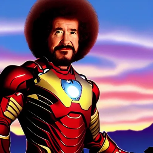 Image similar to a still of Bob Ross as Ironman. Magic Hour. Professional photography, 4K. Mood