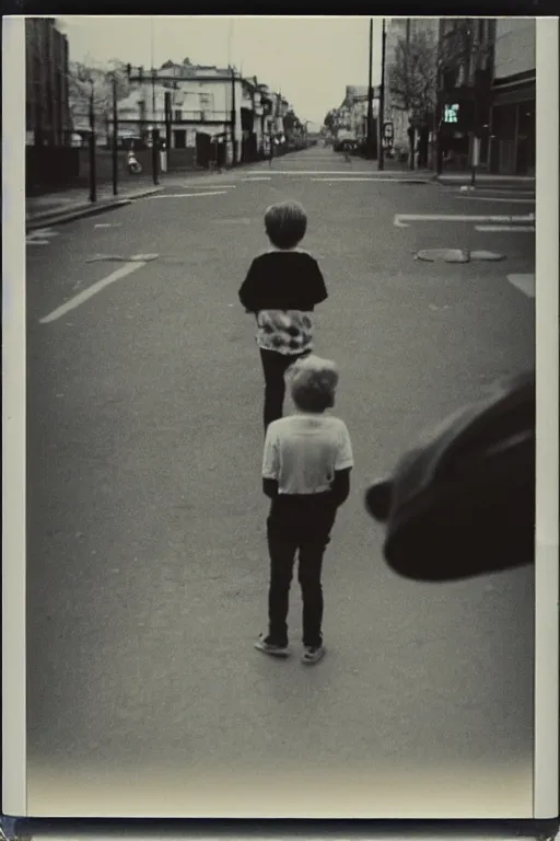 Prompt: photo polaroid of sad and lonely child in the middle of the street, looks towards a funfair, loneliness, black and white ,photorealistic, 35mm film,high detailed