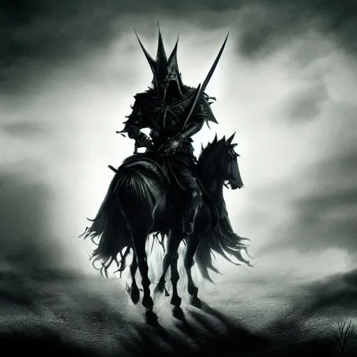 Image similar to Witch-king of Angmar holding sword on black horse horse rearing up dark moody lighting wallpaper painting